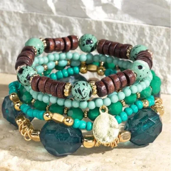 Deep Blue Sea Beaded Stretch Bracelet Set w Gold Tone Metal Pendant - Picture 3 of 3